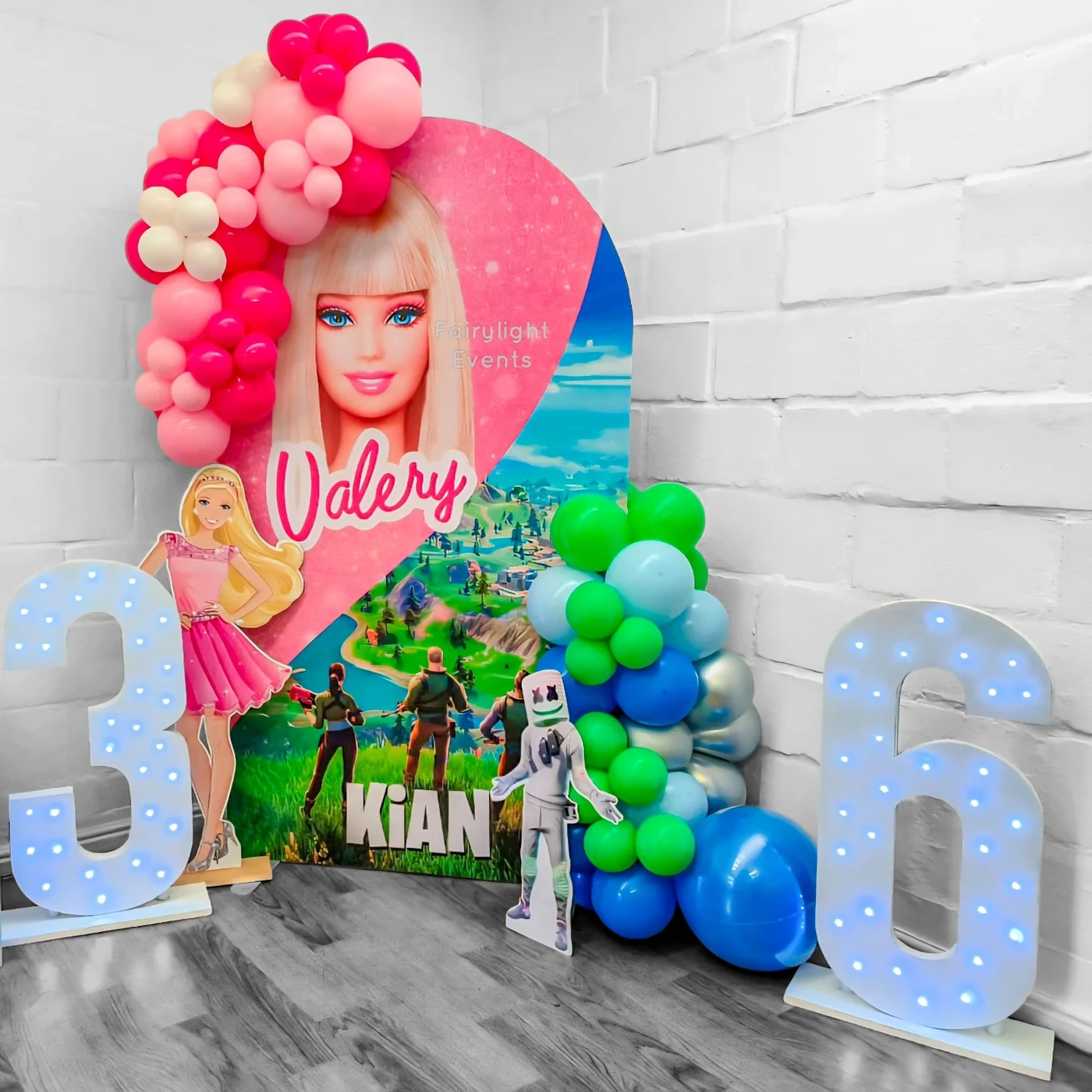 Combined Barbie and Fortnite themed birthday backdrop for siblings