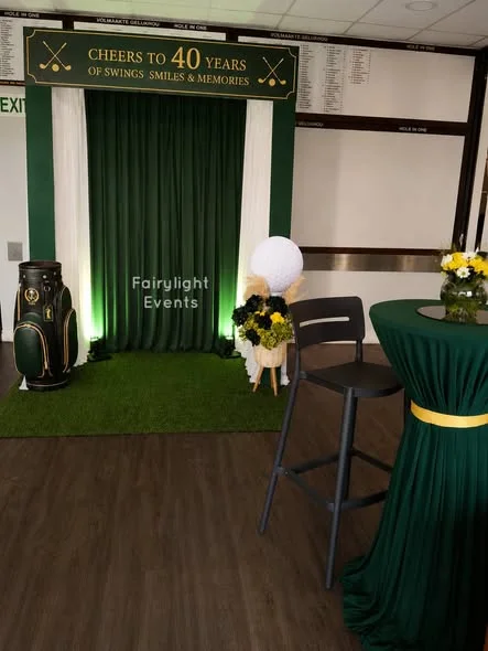 Golf themed 40th birthday backdrop in green and gold