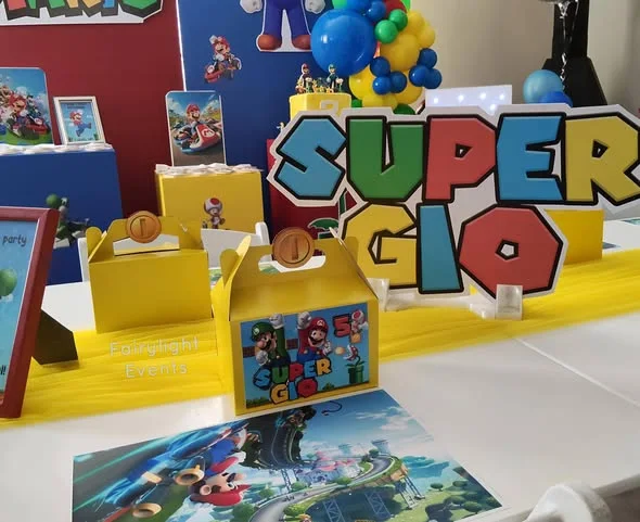 Mario Kart themed birthday party table setup