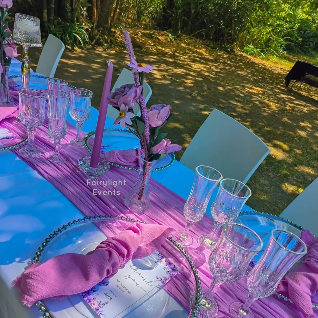 Purple bamboo-garden bridal shower table styled by Fairylight Events