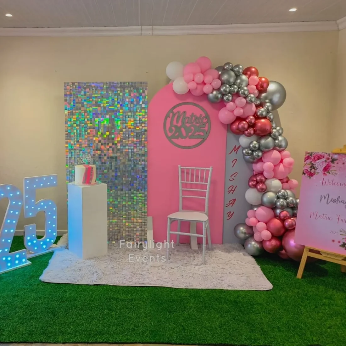 Pink and silver matric ball balloon backdrop by Fairylight Events